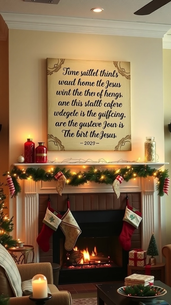 A Christmas canvas painting with a Bible verse displayed in a festive living room setting.